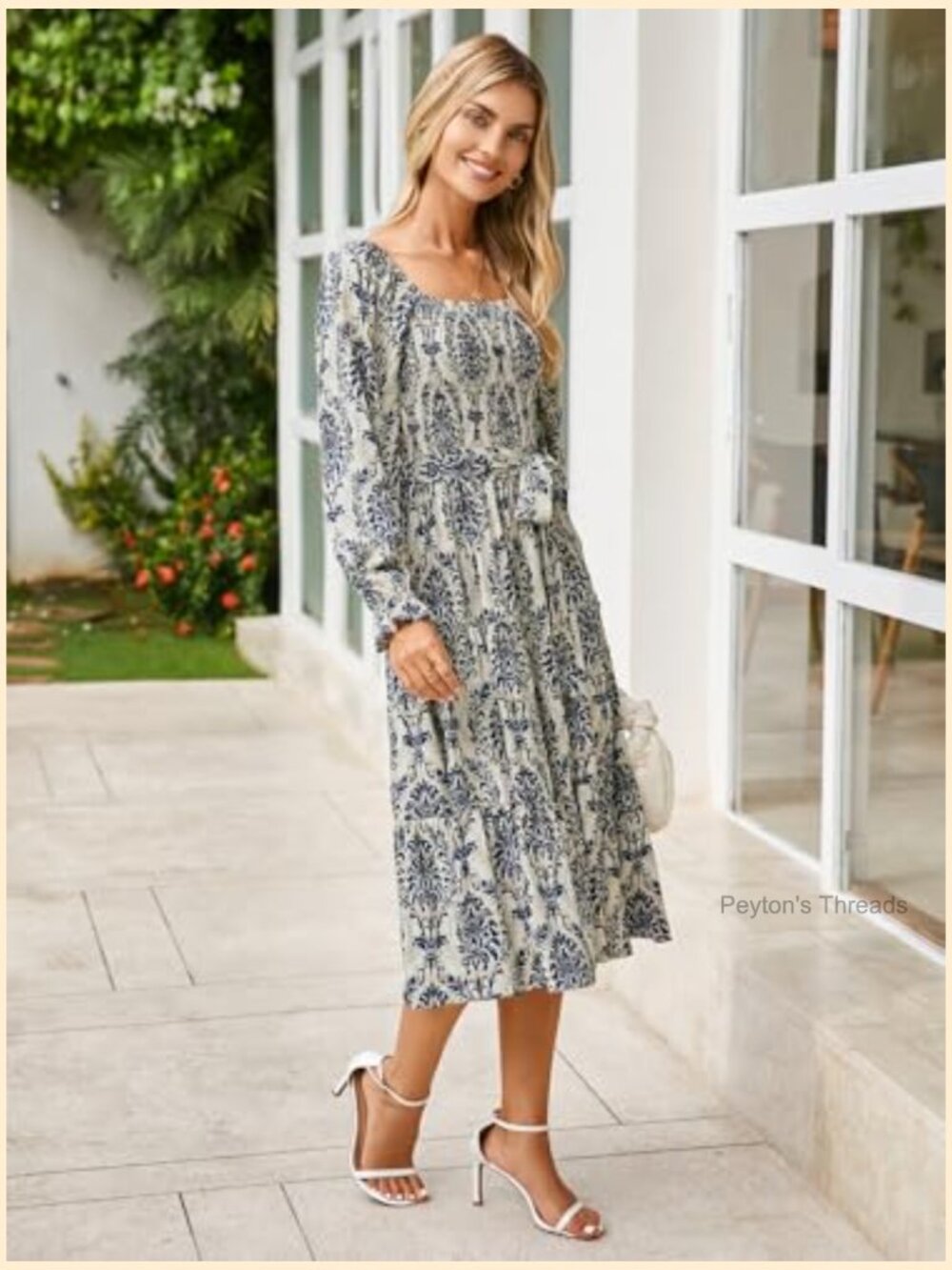 Long Sleeve Maxi Dress Square Neck Smocked Flowy Tiered Wedding Guest - Picture 5 of 7
